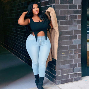 European / American Women Solid Color Fashion Denim Pants with Buttons Zipper Placket Plus Size Casual Office Lady Denim Pants | 0 | TageUnlimited