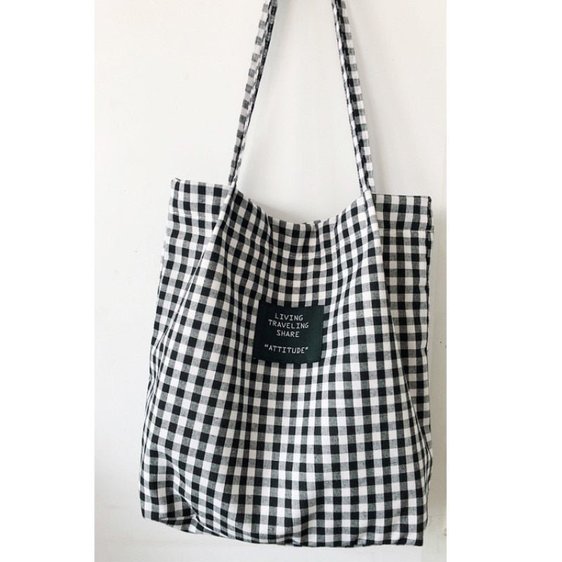 Fashion Durable Women Student Cotton Linen Single Shoulder Bag Shopping Tote Check Plaid Female Flax Canvas Shopping Bags | 0 | TageUnlimited