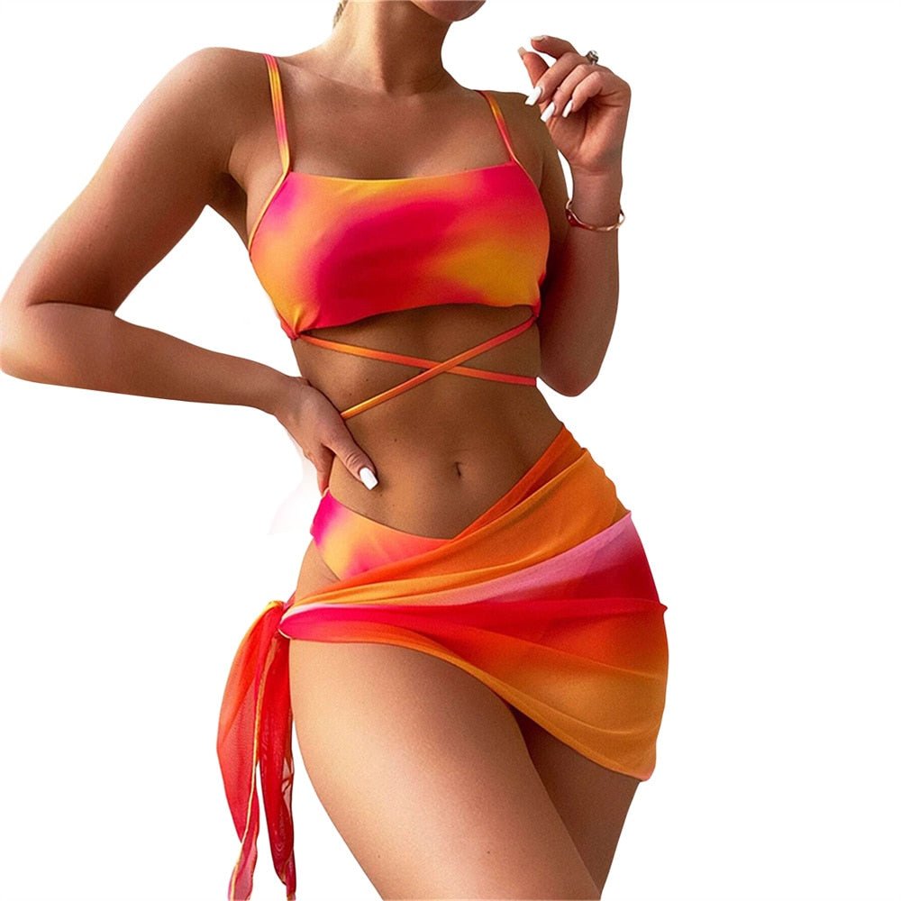 Foohoostore Tie-dye Three Piece Swimsuit Women Bikini Set Lacing Bra Briefs with Tie Skirt Bathing Swimwears Beachwear | TageUnlimited