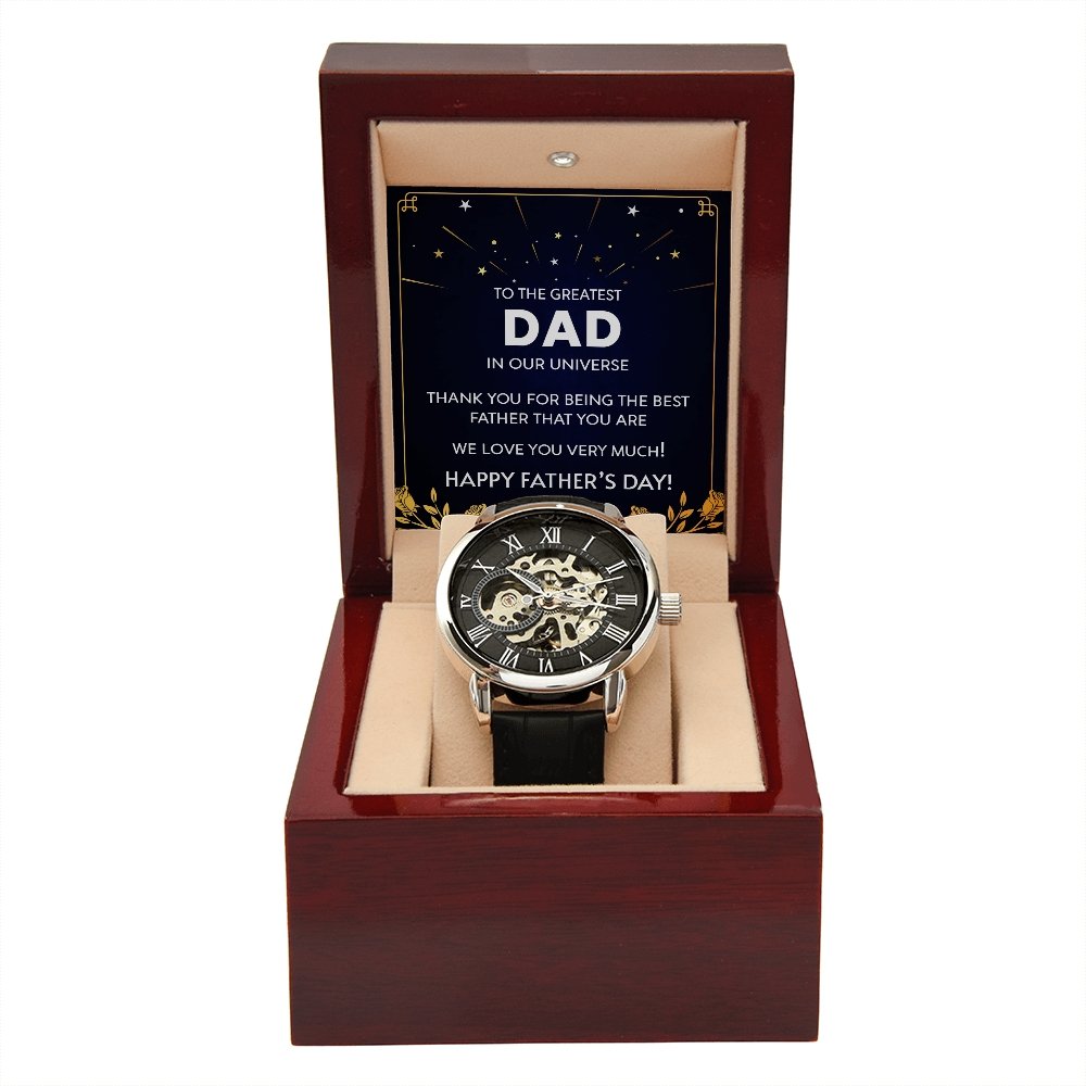 Happy Father's Day | To The Greatest Dad In Our Universe Watch | Jewelry | PB24-WOOD, PROD-2219121, PT-4320, USER-43062, W30044 | TageUnlimited