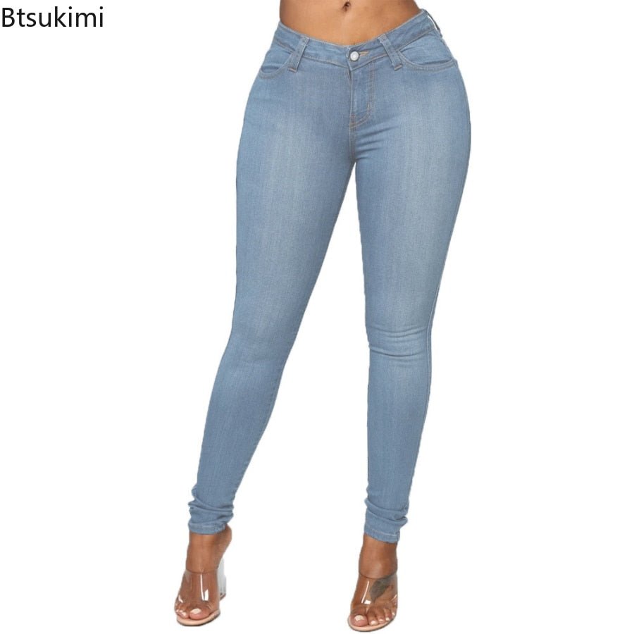 High Elastic Women Skinny Jeans Button Zipper Mid Waist Bodycon Thin Denim Pencil Pants Slim Stretch Trousers Plus Size XS-6XL | 0 | TageUnlimited