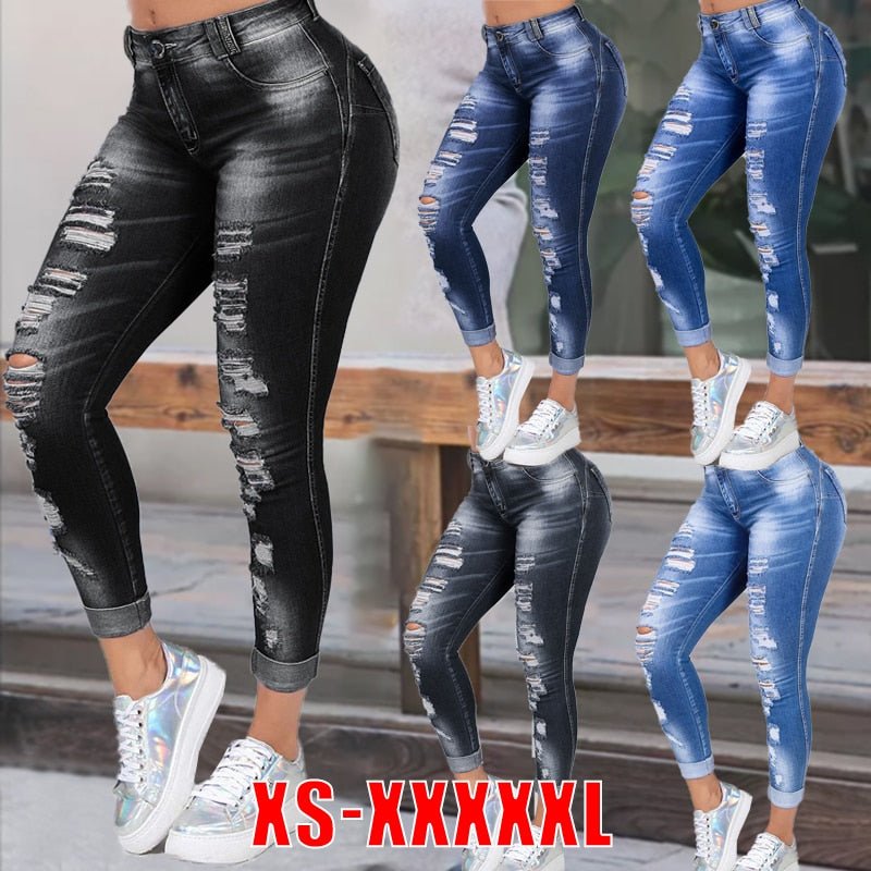High Waist Skinny Ripped Jeans Women  Fashion Trousers Washed Denim Jeans Hollow Hole Bleached Pencil Pants Plus Size S-6XL | 0 | TageUnlimited