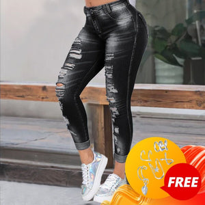 High Waist Skinny Ripped Jeans Women  Fashion Trousers Washed Denim Jeans Hollow Hole Bleached Pencil Pants Plus Size S-6XL | 0 | TageUnlimited
