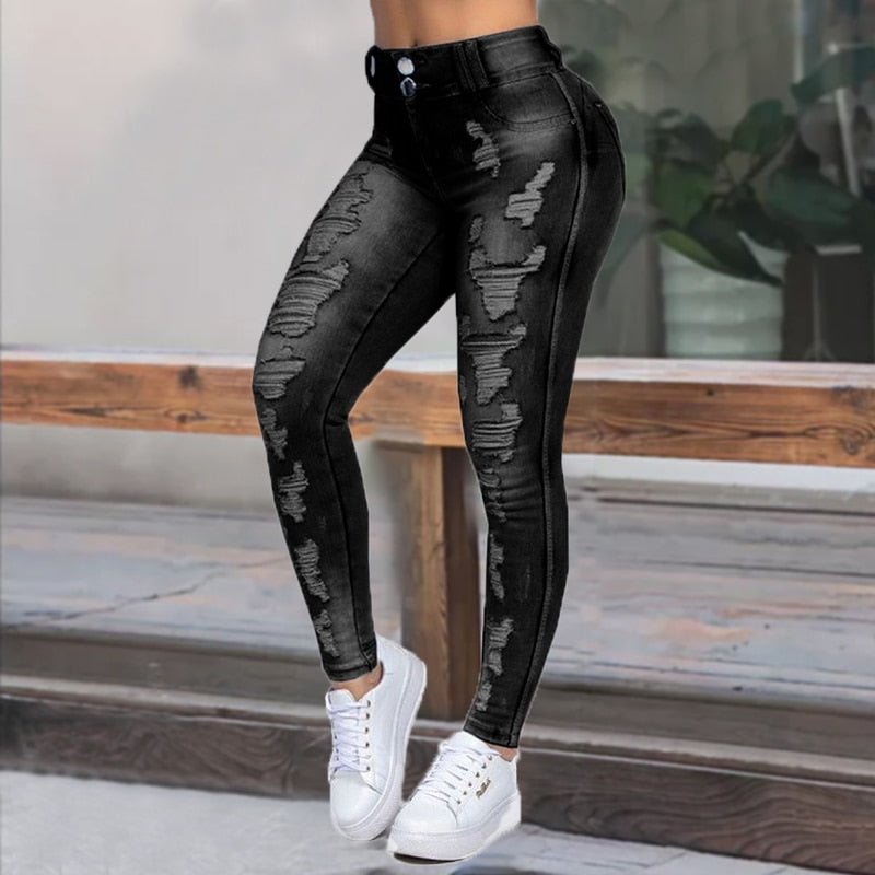 High Waist Skinny Ripped Jeans Women  Fashion Trousers Washed Denim Jeans Hollow Hole Bleached Pencil Pants Plus Size S-6XL | 0 | TageUnlimited