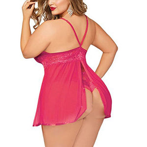 Plus Size Women Black Sexy Big Dress Deep V Open Back Lingerie Lace Babydoll Sleepwear Dress With Thongs Underwear | TageUnlimited