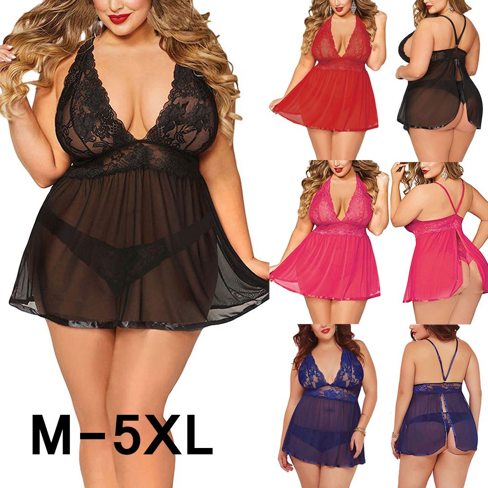 Plus Size Women Black Sexy Big Dress Deep V Open Back Lingerie Lace Babydoll Sleepwear Dress With Thongs Underwear | TageUnlimited