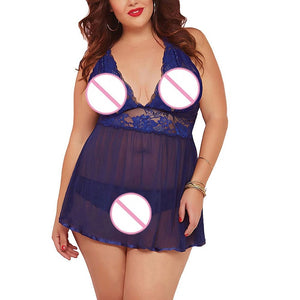 Plus Size Women Black Sexy Big Dress Deep V Open Back Lingerie Lace Babydoll Sleepwear Dress With Thongs Underwear | TageUnlimited