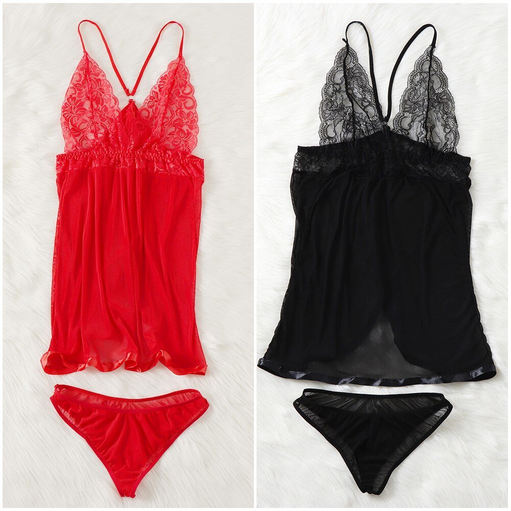 Plus Size Women Black Sexy Big Dress Deep V Open Back Lingerie Lace Babydoll Sleepwear Dress With Thongs Underwear | TageUnlimited