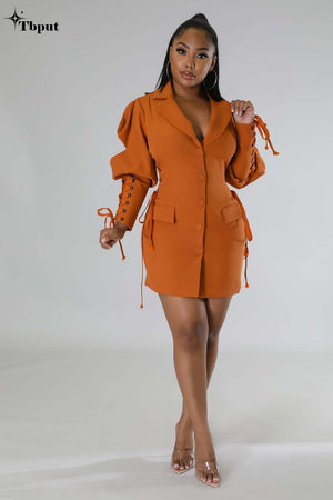 Lace Up Lantern Blazer Style Mini Dress Women Fashion Single Breasted Long Sleeve Dresses Autumn Winter Female Slim Clothing | 0 | TageUnlimited