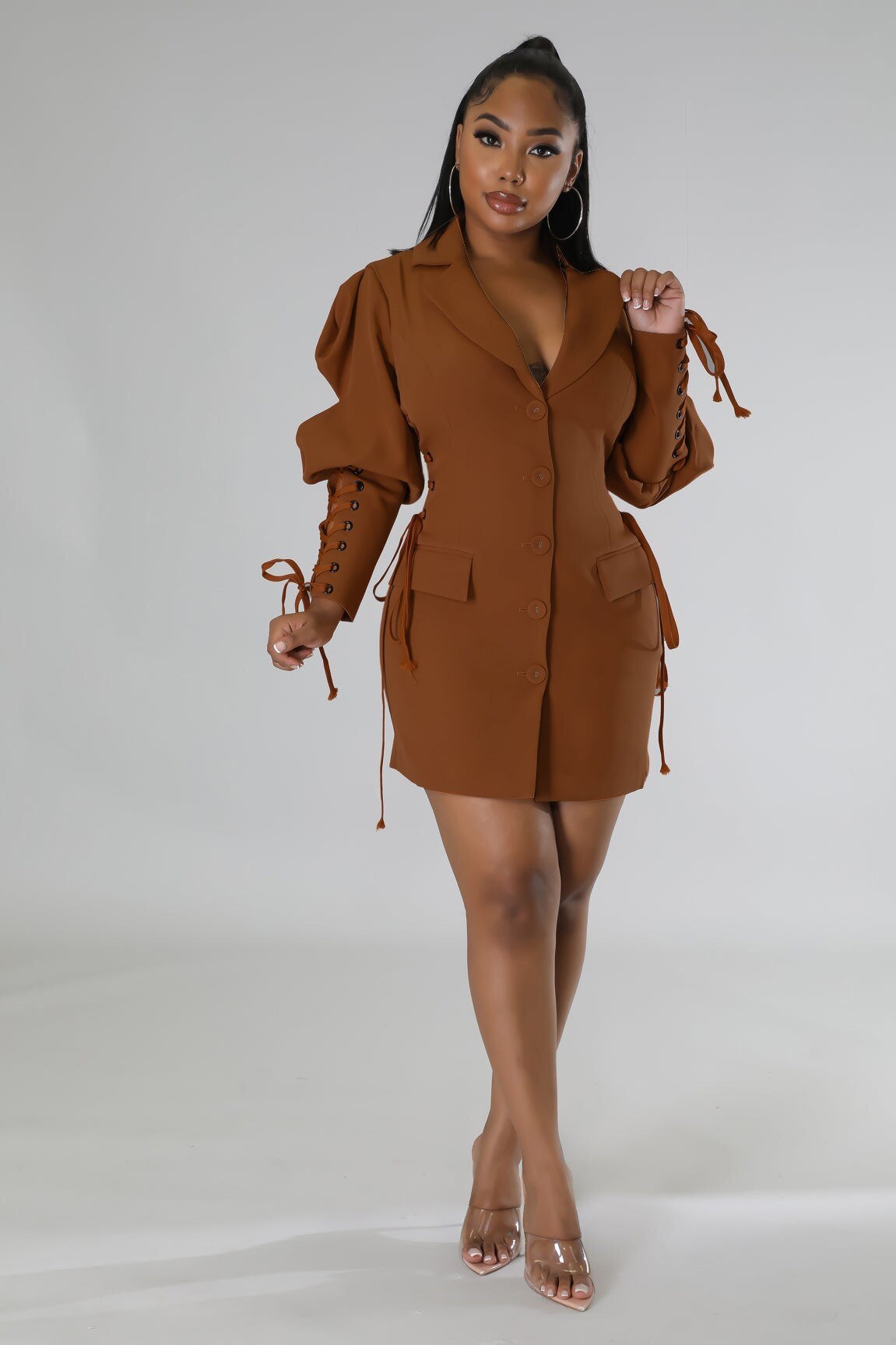 Lace Up Lantern Blazer Style Mini Dress Women Fashion Single Breasted Long Sleeve Dresses Autumn Winter Female Slim Clothing | 0 | TageUnlimited