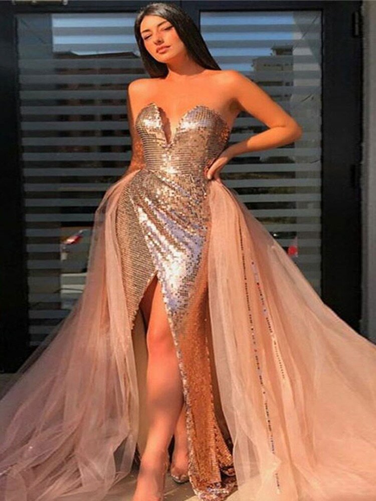 Lady Elegant Sequin Mermaid Style Evening Dress Women Sexy Chest Wrapping Side Slit Skirt  Champagne Gold Formal Dresses | 0 | TageUnlimited