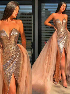 Lady Elegant Sequin Mermaid Style Evening Dress Women Sexy Chest Wrapping Side Slit Skirt  Champagne Gold Formal Dresses | 0 | TageUnlimited