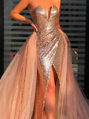 Lady Elegant Sequin Mermaid Style Evening Dress Women Sexy Chest Wrapping Side Slit Skirt  Champagne Gold Formal Dresses | 0 | TageUnlimited