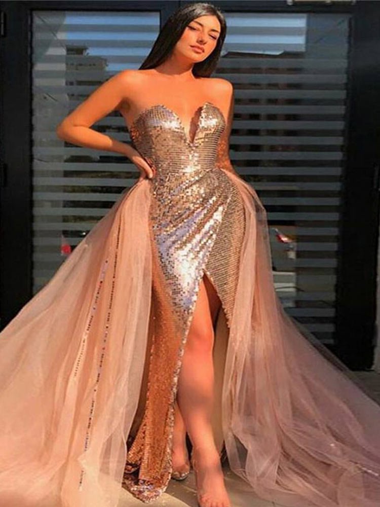 Lady Elegant Sequin Mermaid Style Evening Dress Women Sexy Chest Wrapping Side Slit Skirt  Champagne Gold Formal Dresses | 0 | TageUnlimited