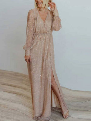 Lady Elegant Slid Split Prom Evening Dress Women Full Sleeve Deep V-Neck Long Skirt  Temperament Apricot Generous Dresses | 0 | TageUnlimited