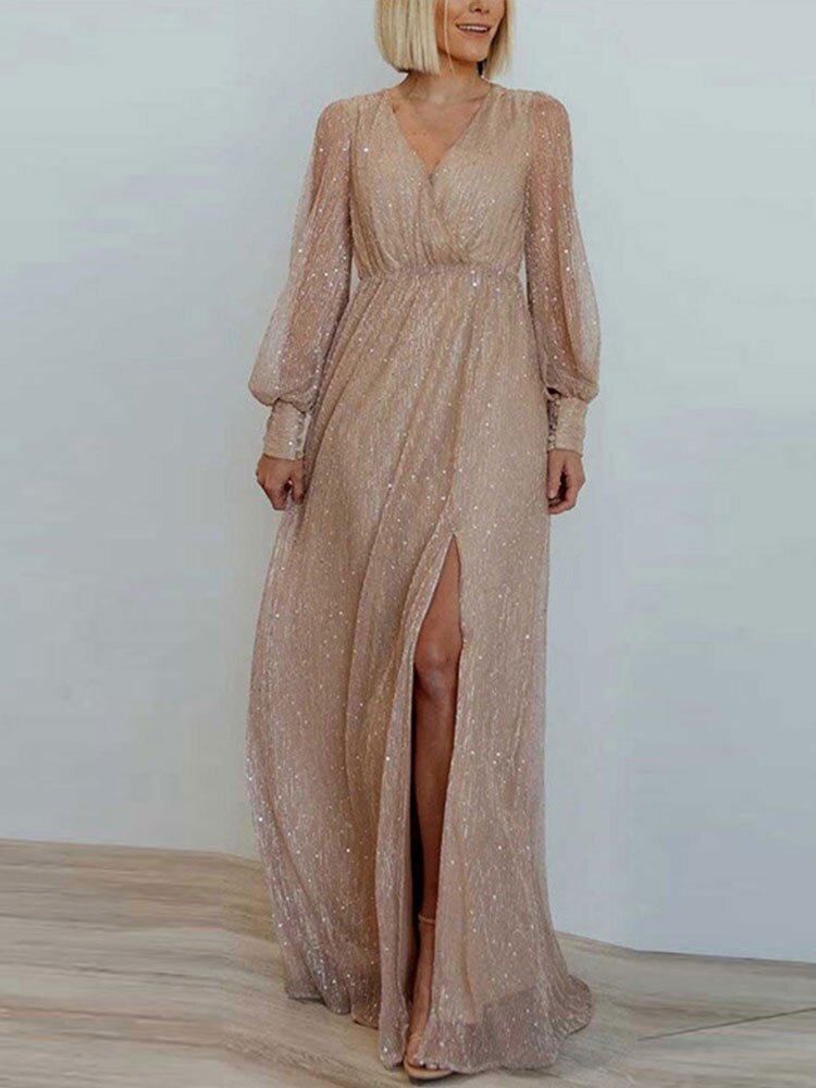 Lady Elegant Slid Split Prom Evening Dress Women Full Sleeve Deep V-Neck Long Skirt  Temperament Apricot Generous Dresses | 0 | TageUnlimited