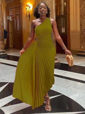 Lady Roll Waist Sleeveless Pleated Ruched A-line Dress Women One Shoulder Sexy Prom Evening Dresses New Fahion Chothing | 0 | TageUnlimited