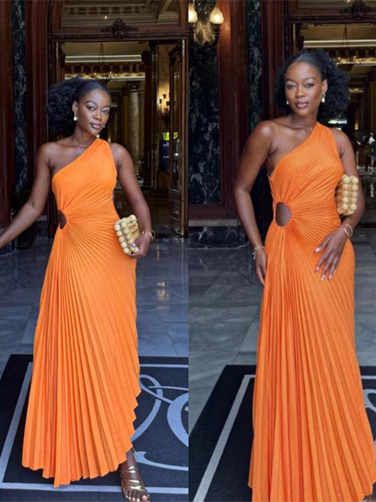 Lady Roll Waist Sleeveless Pleated Ruched A-line Dress Women One Shoulder Sexy Prom Evening Dresses  New Fashion Chothing | 0 | TageUnlimited