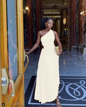 Lady Roll Waist Sleeveless Pleated Ruched A-line Dress Women One Shoulder Sexy Prom Evening Dresses New Fahion Chothing | 0 | TageUnlimited