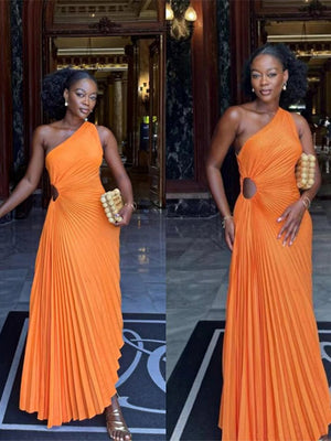 Lady Roll Waist Sleeveless Pleated Ruched A-line Dress Women One Shoulder Sexy Prom Evening Dresses New Fahion Chothing | 0 | TageUnlimited