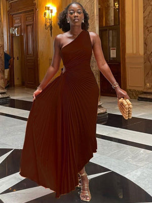 Lady Roll Waist Sleeveless Pleated Ruched A-line Dress Women One Shoulder Sexy Prom Evening Dresses New Fahion Chothing | 0 | TageUnlimited