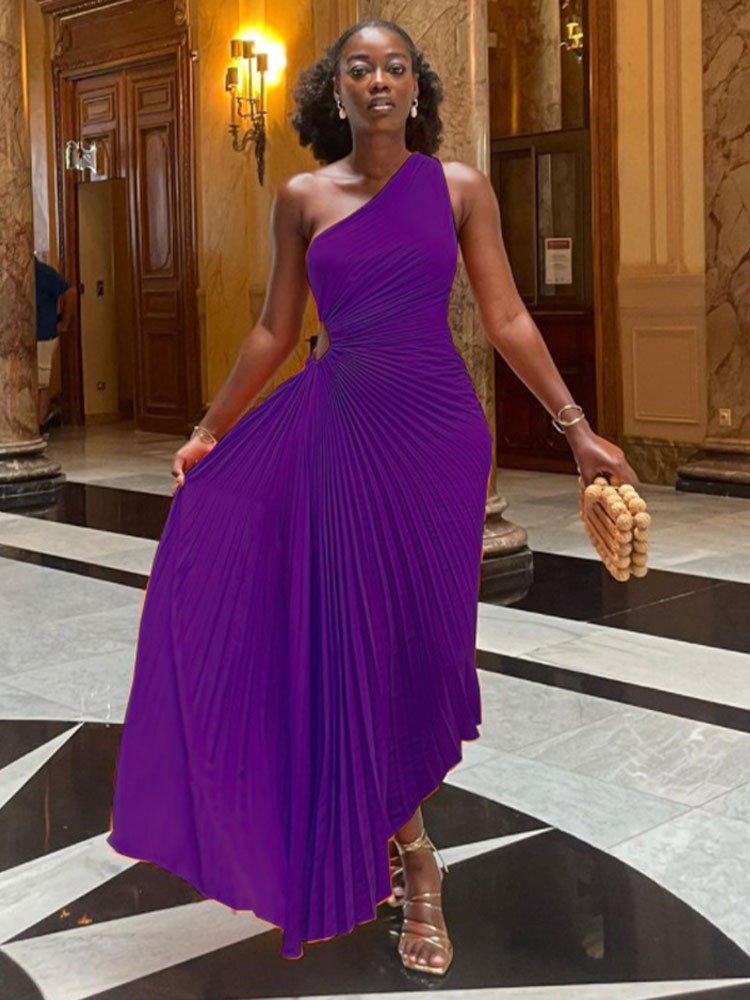 Lady Roll Waist Sleeveless Pleated Ruched A-line Dress Women One Shoulder Sexy Prom Evening Dresses New Fahion Chothing | 0 | TageUnlimited