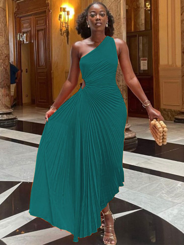 Lady Roll Waist Sleeveless Pleated Ruched A-line Dress Women One Shoulder Sexy Prom Evening Dresses New Fahion Chothing | 0 | TageUnlimited