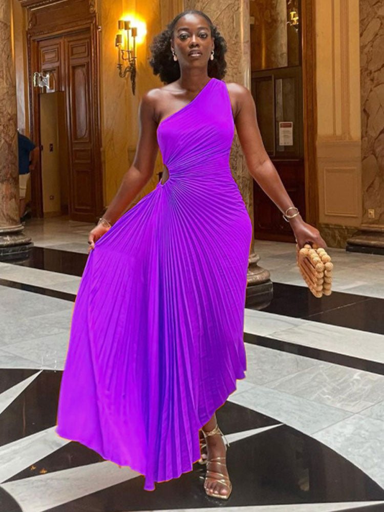 Lady Roll Waist Sleeveless Pleated Ruched A-line Dress Women One Shoulder Sexy Prom Evening Dresses New Fahion Chothing | 0 | TageUnlimited