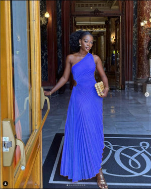 Lady Roll Waist Sleeveless Pleated Ruched A-line Dress Women One Shoulder Sexy Prom Evening Dresses New Fahion Chothing | 0 | TageUnlimited