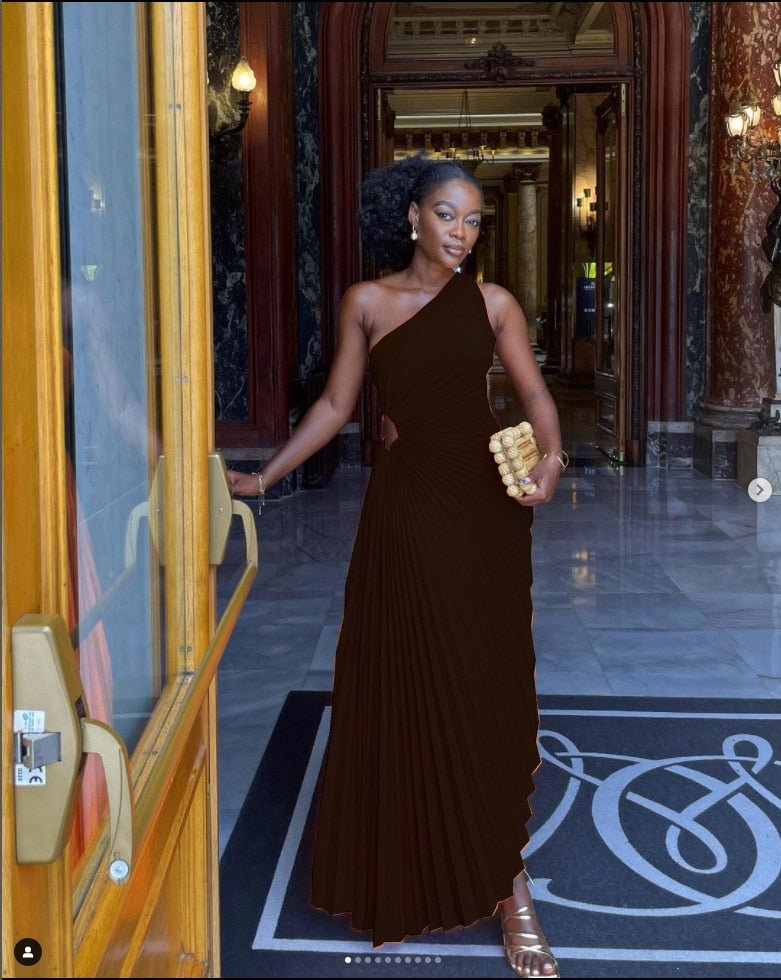 Lady Roll Waist Sleeveless Pleated Ruched A-line Dress Women One Shoulder Sexy Prom Evening Dresses New Fahion Chothing | 0 | TageUnlimited