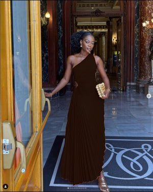 Lady Roll Waist Sleeveless Pleated Ruched A-line Dress Women One Shoulder Sexy Prom Evening Dresses New Fahion Chothing | 0 | TageUnlimited