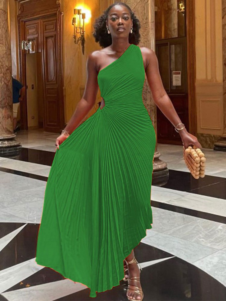 Lady Roll Waist Sleeveless Pleated Ruched A-line Dress Women One Shoulder Sexy Prom Evening Dresses New Fahion Chothing | 0 | TageUnlimited