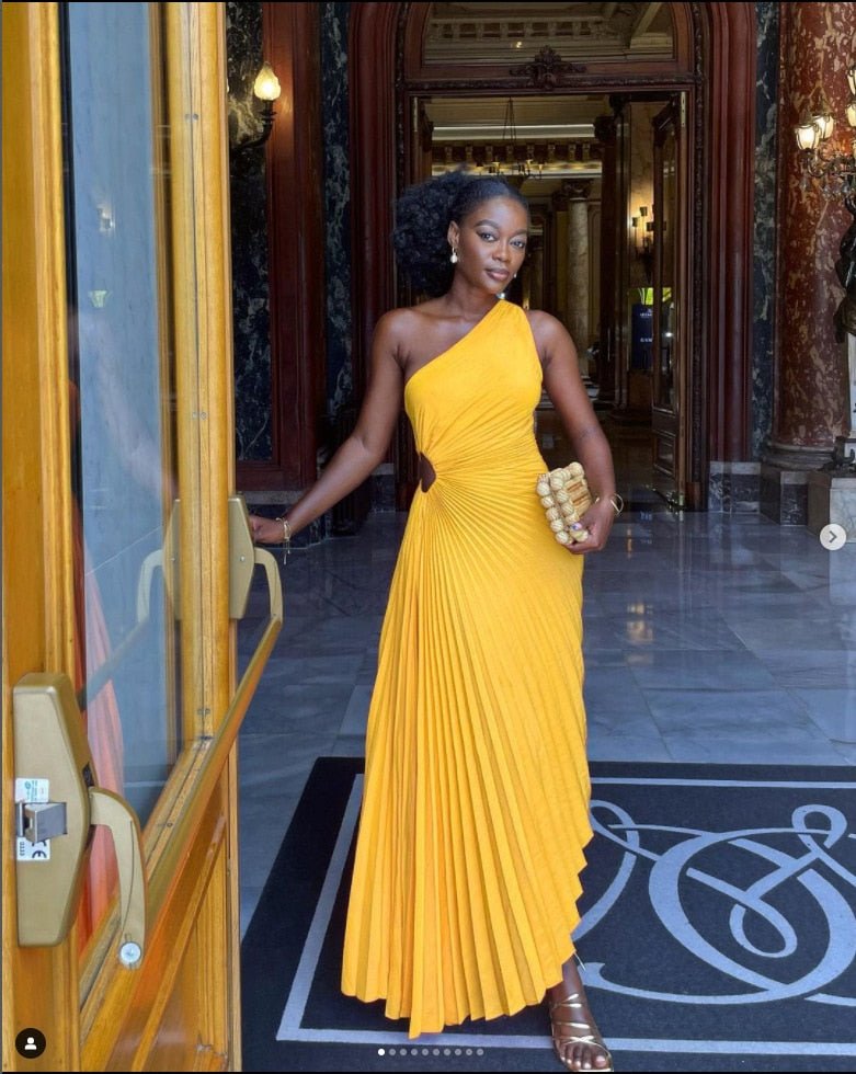 Lady Roll Waist Sleeveless Pleated Ruched A-line Dress Women One Shoulder Sexy Prom Evening Dresses New Fahion Chothing | 0 | TageUnlimited