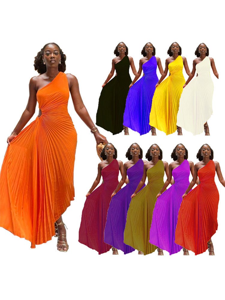 Lady Roll Waist Sleeveless Pleated Ruched A-line Dress Women One Shoulder Sexy Prom Evening Dresses New Fahion Chothing | 0 | TageUnlimited