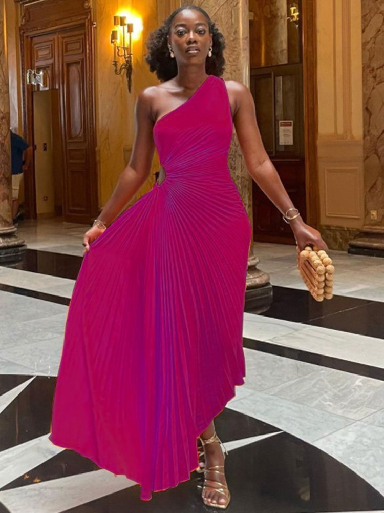 Lady Roll Waist Sleeveless Pleated Ruched A-line Dress Women One Shoulder Sexy Prom Evening Dresses New Fahion Chothing | 0 | TageUnlimited