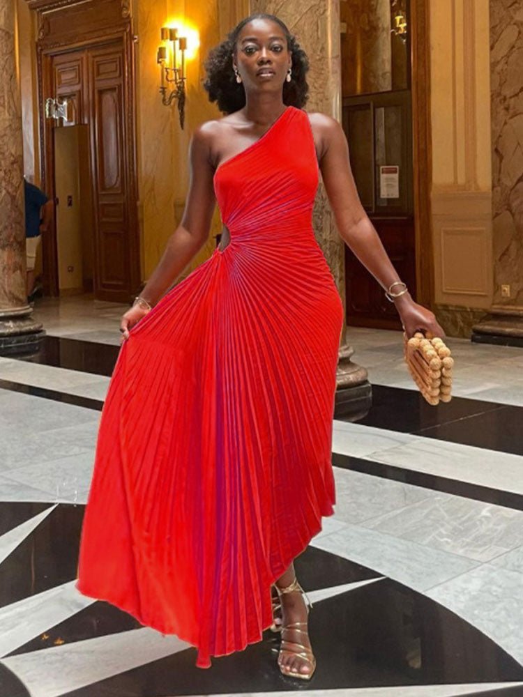 Lady Roll Waist Sleeveless Pleated Ruched A-line Dress Women One Shoulder Sexy Prom Evening Dresses New Fahion Chothing | 0 | TageUnlimited