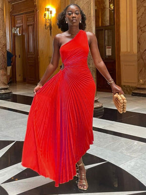Lady Roll Waist Sleeveless Pleated Ruched A-line Dress Women One Shoulder Sexy Prom Evening Dresses New Fahion Chothing | 0 | TageUnlimited