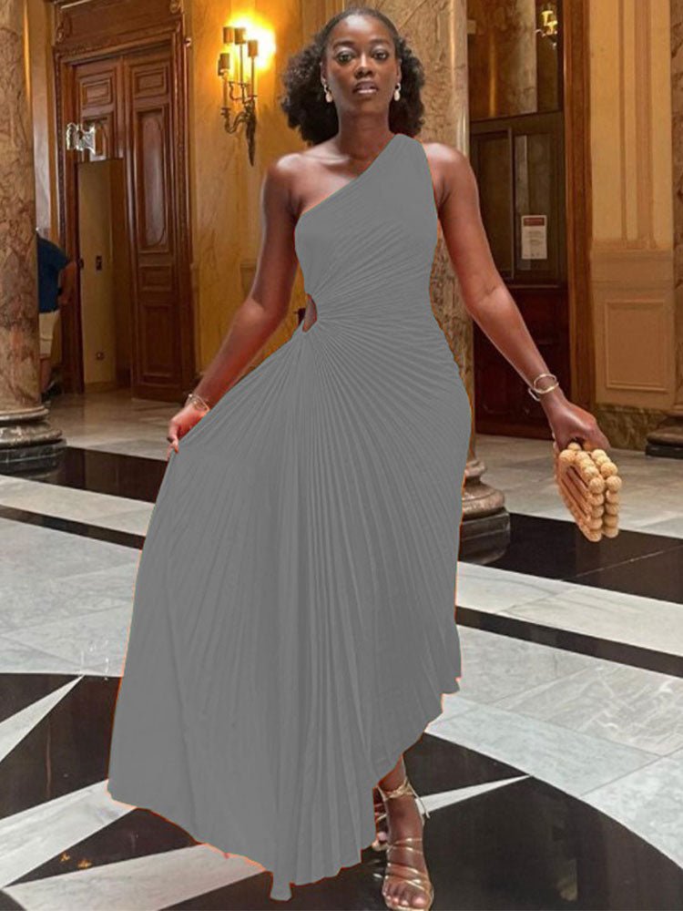 Lady Roll Waist Sleeveless Pleated Ruched A-line Dress Women One Shoulder Sexy Prom Evening Dresses New Fahion Chothing | 0 | TageUnlimited