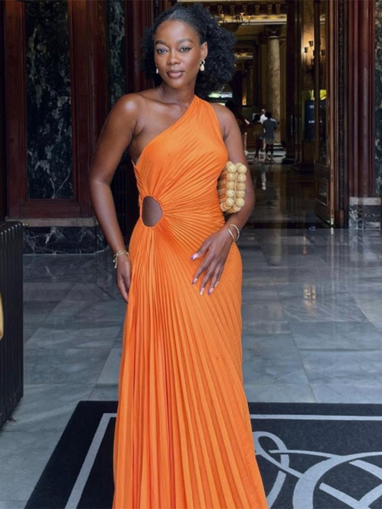 Lady Roll Waist Sleeveless Pleated Ruched A-line Dress Women One Shoulder Sexy Prom Evening Dresses New Fahion Chothing | 0 | TageUnlimited