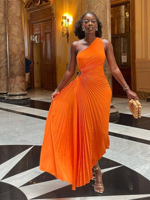 Lady Roll Waist Sleeveless Pleated Ruched A-line Dress Women One Shoulder Sexy Prom Evening Dresses New Fahion Chothing | 0 | TageUnlimited