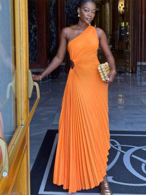 Lady Roll Waist Sleeveless Pleated Ruched A-line Dress Women One Shoulder Sexy Prom Evening Dresses New Fahion Chothing | 0 | TageUnlimited