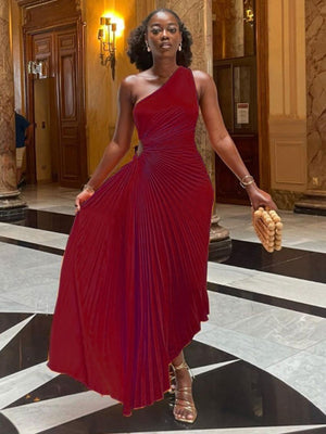 Lady Roll Waist Sleeveless Pleated Ruched A-line Dress Women One Shoulder Sexy Prom Evening Dresses New Fahion Chothing | 0 | TageUnlimited