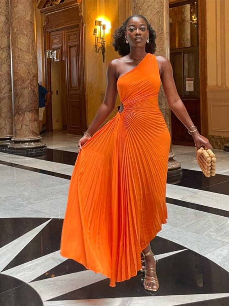 Lady Roll Waist Sleeveless Pleated Ruched A-line Dress Women One Shoulder Sexy Prom Evening Dresses New Fahion Chothing | 0 | TageUnlimited
