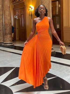 Lady Roll Waist Sleeveless Pleated Ruched A-line Dress Women One Shoulder Sexy Prom Evening Dresses New Fahion Chothing | 0 | TageUnlimited