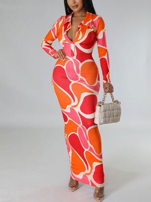 Lady Sexy Printing Long Lapel Deep V-Neck Fashion Dress Women Casual Full Sleeve Slim Maxi Classy Frock spring Midi Outwear | 0 | TageUnlimited