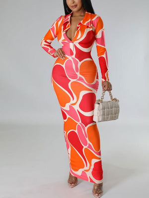 Lady Sexy Printing Long Lapel Deep V-Neck Fashion Dress Women Casual Full Sleeve Slim Maxi Classy Frock spring Midi Outwear | 0 | TageUnlimited