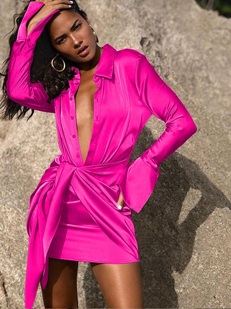Lapel Tie Up Dress Women Solid Single-breasted Long Sleeve Mini Skirt Autumn Fashion Female Party Nightclub Dress. | 0 | TageUnlimited