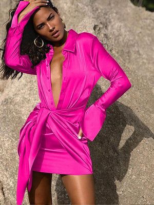 Lapel Tie Up Dress Women Solid Single-breasted Long Sleeve Mini Skirt Autumn Fashion Female Party Nightclub Dress. | 0 | TageUnlimited
