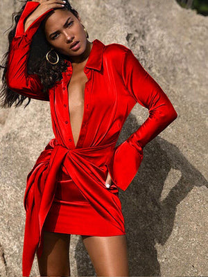 Lapel Tie Up Dress Women Solid Single-breasted Long Sleeve Mini Skirt Autumn Fashion Female Party Nightclub Dress. | 0 | TageUnlimited