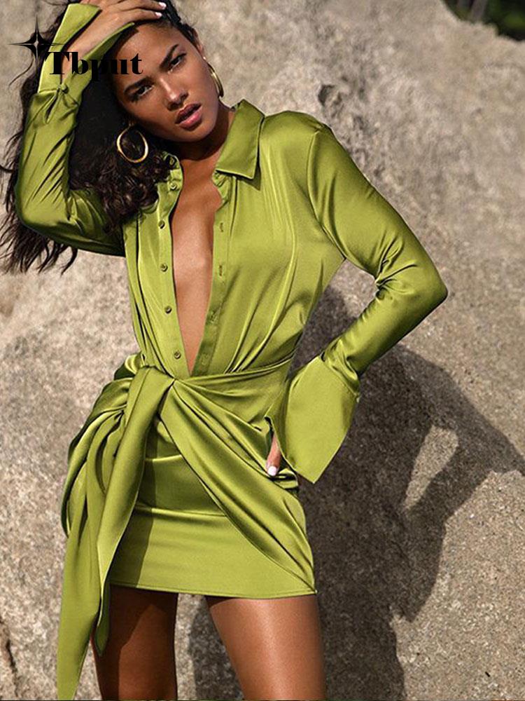 Lapel Tie Up Dress Women Solid Single-breasted Long Sleeve Mini Skirt Autumn Fashion Female Party Nightclub Dress. | 0 | TageUnlimited